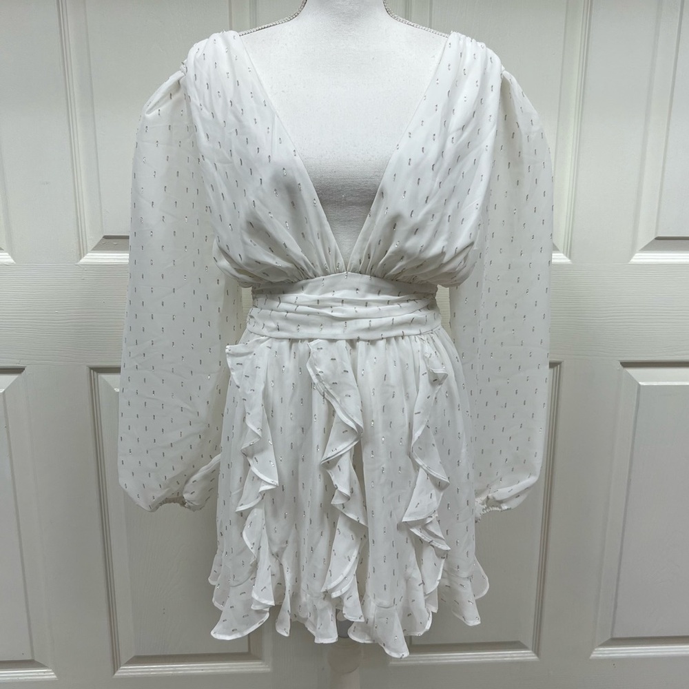 NBD Anya Mini Dress in White & Silver Size S NWT